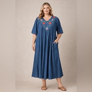 Country Store 2X Denim Embroidered Maxi Dress Boho Floral Cotton